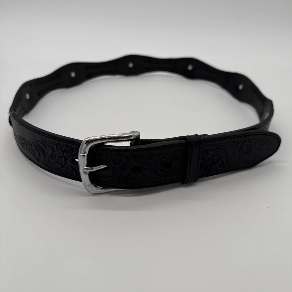 Cindilo Concha Belt Tooled Handcrafted Black Leather Western Tapered Size 36